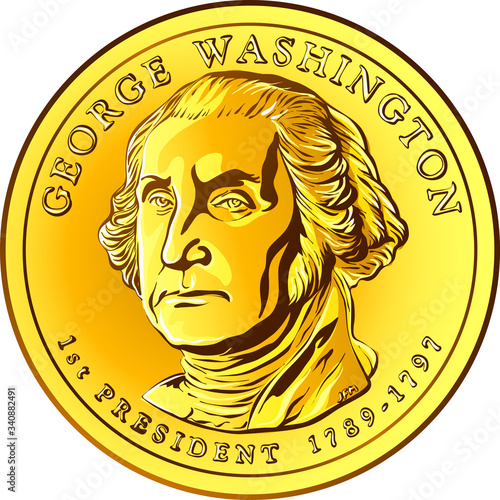 American money Presidential dollar coin, with first president of the United States George Washington on obverse