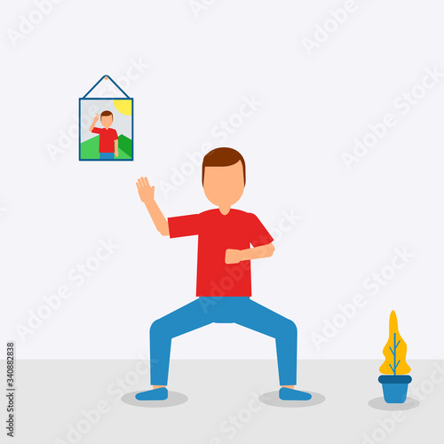 flat illustration vector graphic of man practice martial art at home perfect for campaign at home. health service advertisements. flat design. flat illustration. sports illustration 