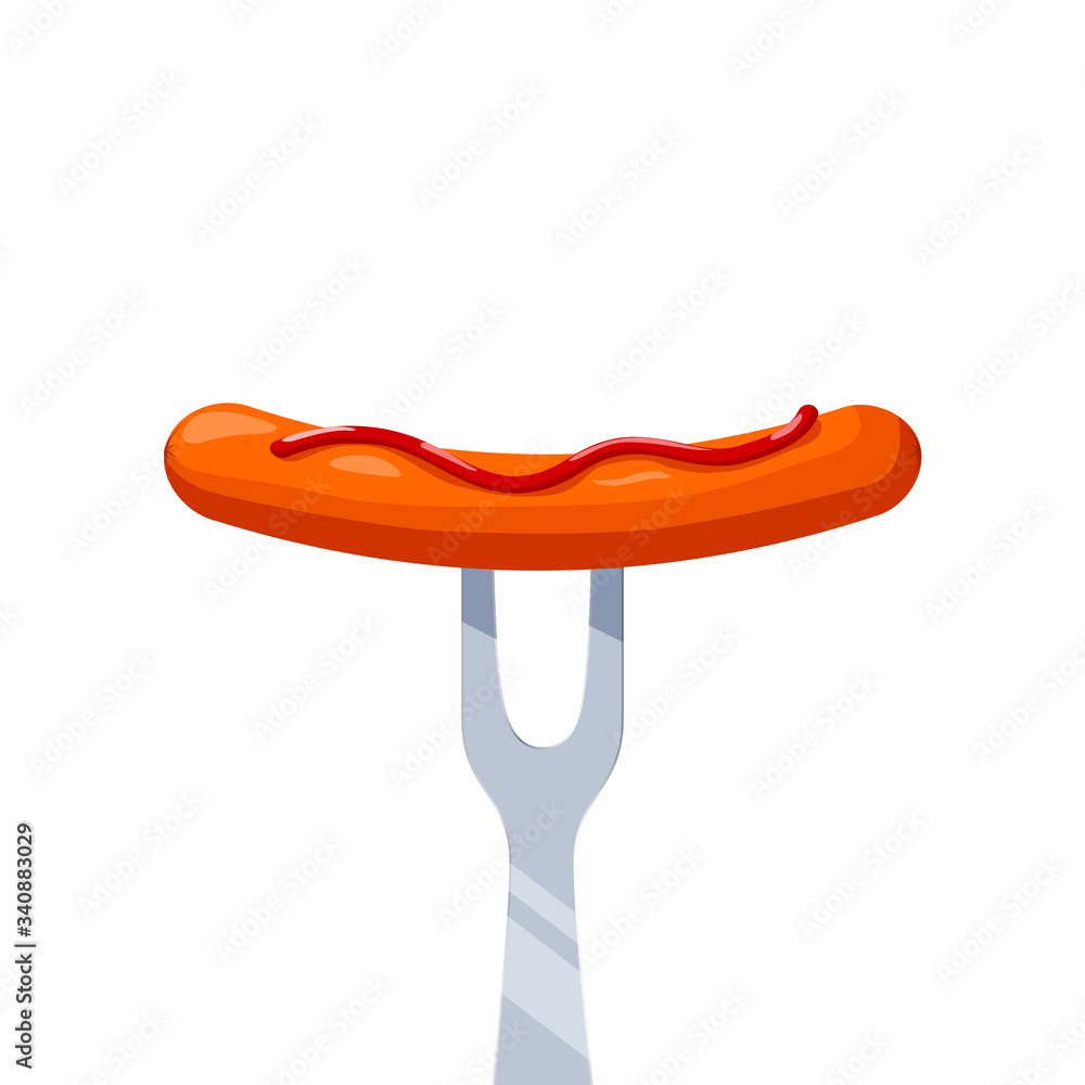 Sausage with ketchup on fork. Vector illustration isolated on white background Sausage with ketchup on fork. Vector illustration isolated on white background