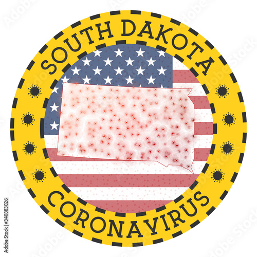 Coronavirus in South Dakota sign. Round badge with shape of South Dakota. Yellow US state lockdown emblem with title and virus signs. Vector illustration.