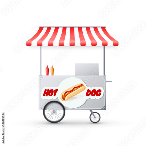 Hot Dog Cart with awning. Mobile street fast food market. Shop on wheels. Vector illustration