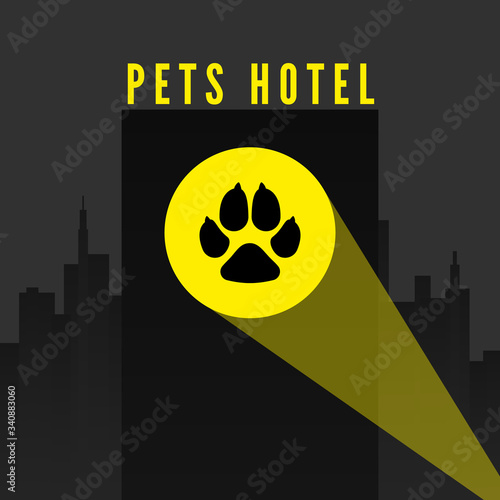 Pets hotel. Trail of dogs paw in spotlight on city background. Logo for pet hotel. vector