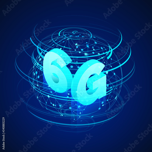 High speed 6G global mobile networks. Business isometric illustration global network hologram and text 6g. Modern data transfer technology. Wireless web banner. Vector