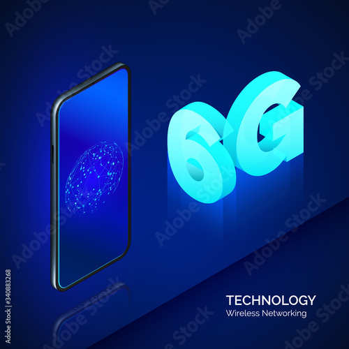 High speed mobile network. 6g isometric banner. Mobile phone with internet connection on screeen. technology background. Vector