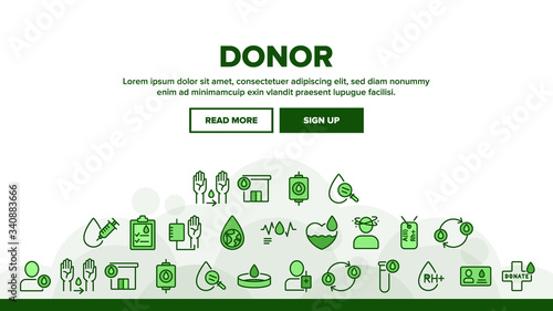 Donor Blood Donation Landing Web Page Header Banner Template Vector. Palpitations And Dizziness  Donor Badge Card With Medicine Information Illustrations