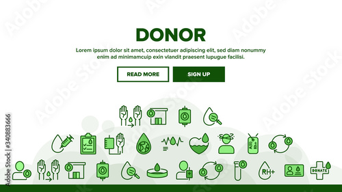 Donor Blood Donation Landing Web Page Header Banner Template Vector. Palpitations And Dizziness, Donor Badge Card With Medicine Information Illustrations