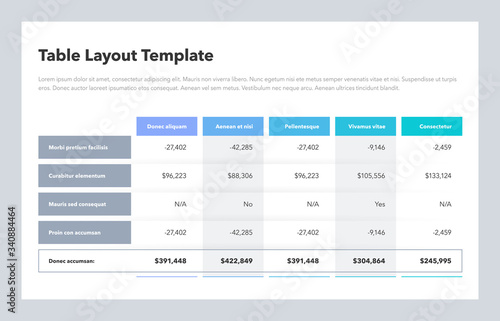 Modern business table layout template with the total sum row and place for your content. Flat design, easy to use for your website or presentation.