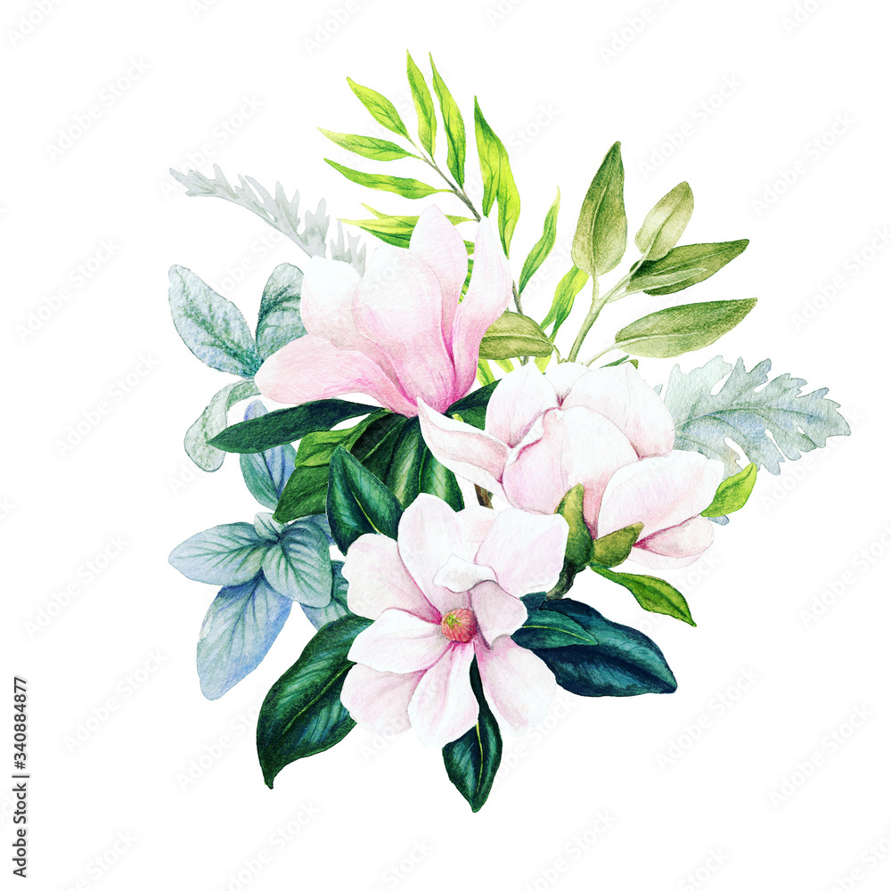 Magnolia and leaves, bright watercolor bouquet, hand drawn