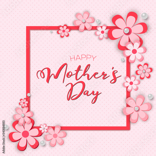 Happy Mother's Day! Paper Cut Style.! Vector lettering illustration with flowers on pink background.  © Оксана Стекачева