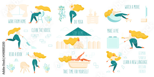 Stay home flat vector illustration set - white