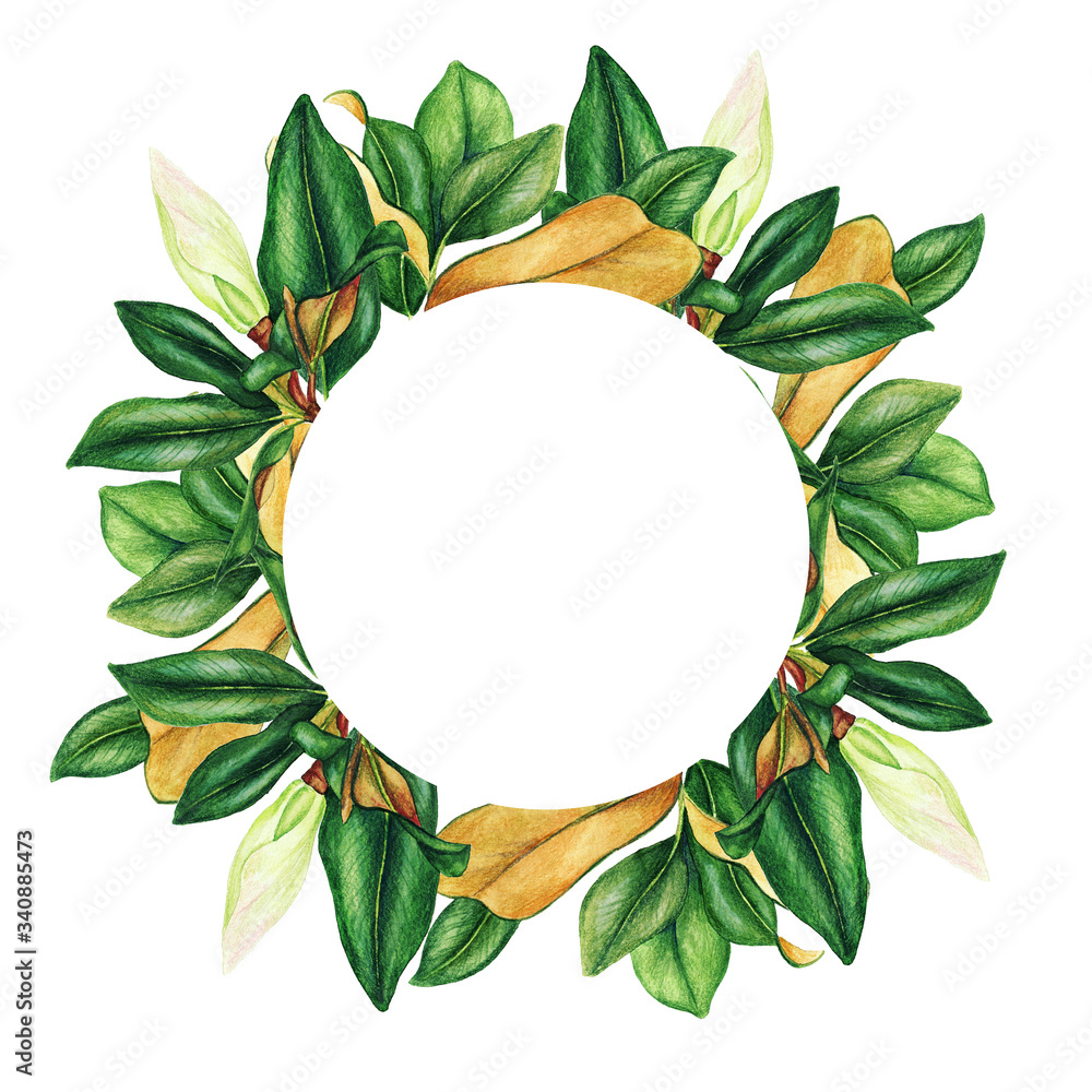 Fototapeta premium Round banner with hand drawn watercolor dark green leaves