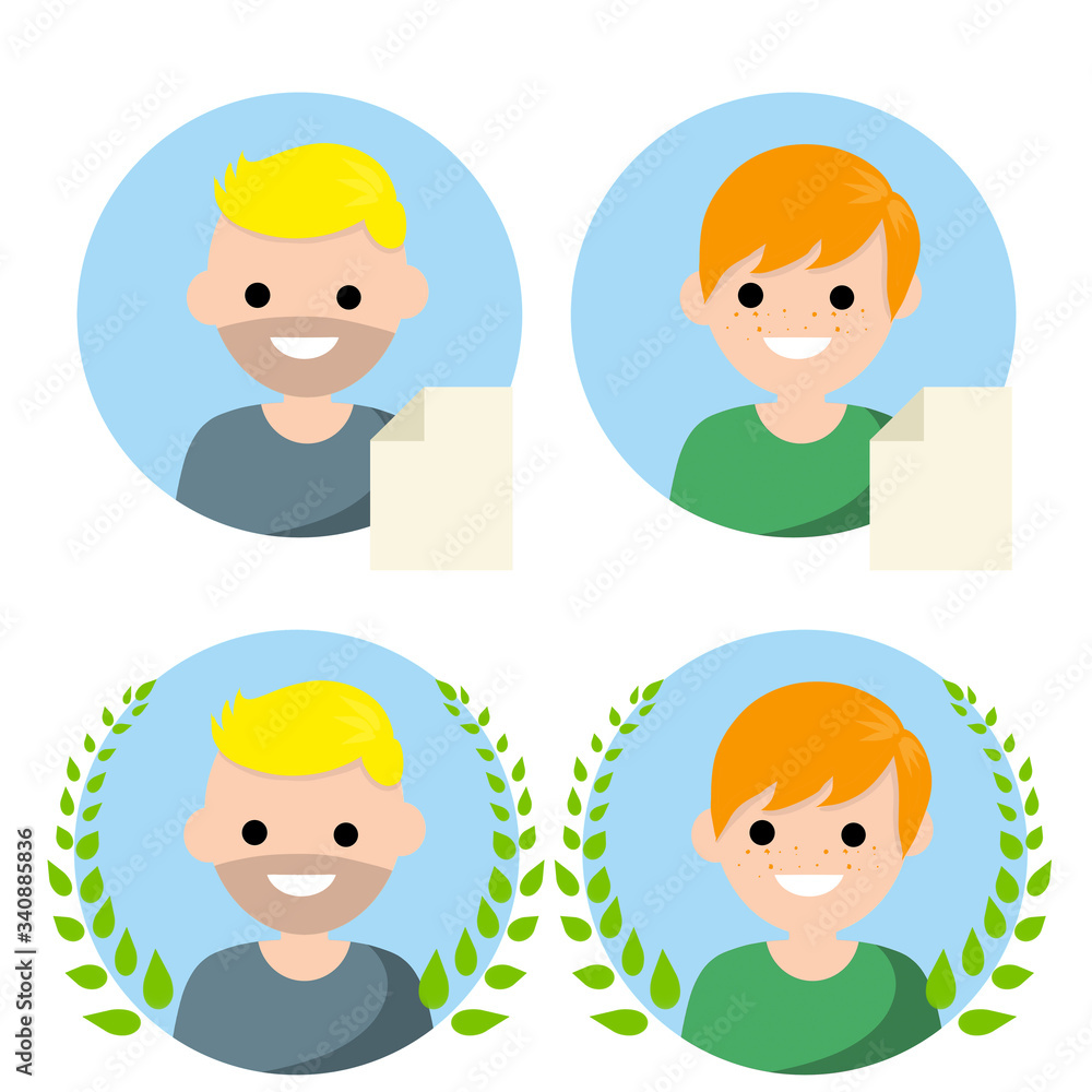 Set of avatars of man and woman in circle. New file icon. Guy and girl. Social network elements and applications. Happy face of character. Cartoon flat illustration. Green Laurel wreath of winner Set of avatars of man and woman in circle. New file icon. Guy and girl. Social network elements and applications. Happy face of character. Cartoon flat illustration. Green Laurel wreath of winner