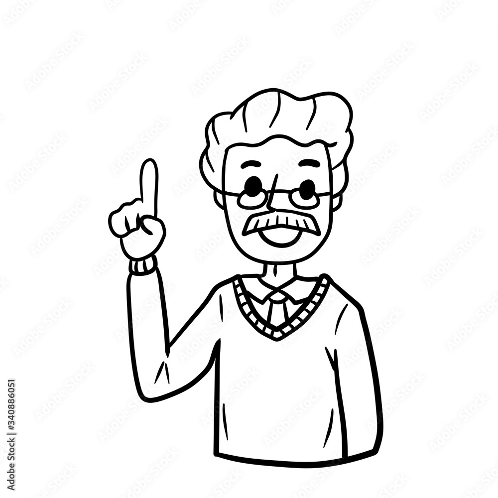 Old man points up. Finger and hand gesture. Smiling senior. Hand-drawn illustration. Happy emotion.