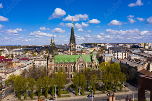 Aerial veiw on Elizabeth church in Lviv, Ukraine from drone. 