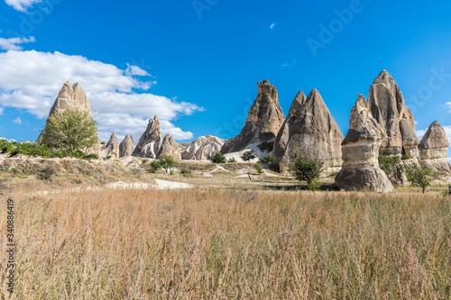mountain landscape with blue sky, Cappadocia, Turkey.