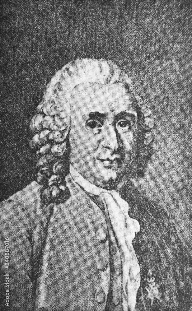 Fototapeta premium The Carl Linnaeus' portrait, a Swedish botanist, zoologist, and physician in the old book The main ideas of zoology, by E. Perier, 1896, St. Petersburg