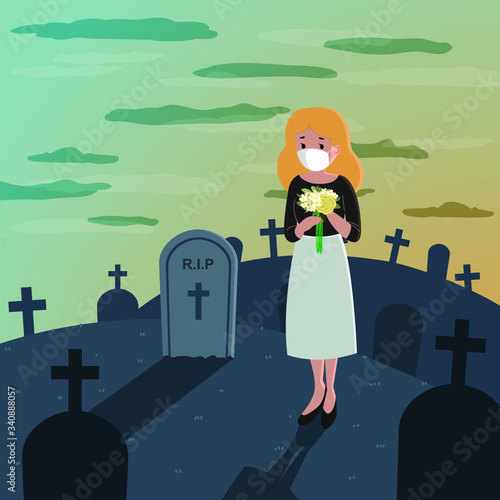 illustration of woman mourning alone at cemetery because of corona virus. Loss of relative. Flat style vector