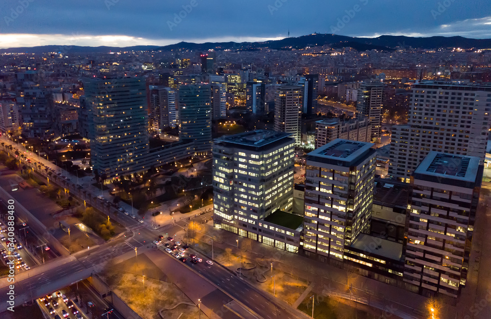 European city Barcelona with view of blocks of flats in evening