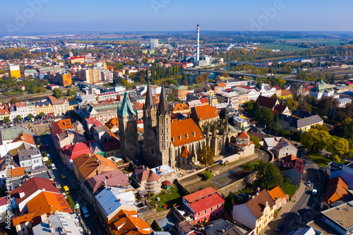 Flight over the city Kolin and Laba river photo