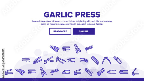 Garlic Press Utensil Landing Web Page Header Banner Template Vector. Garlic Press Kitchenware Equipment, Stainless Kitchen Tool, Metallic Ware For Cooking Illustrations