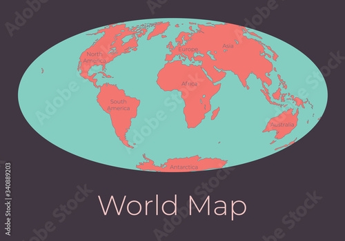 Map of the World. Vector illustration of Worldmap with red continents and turquoise oceans isolated on dark grey background. Nowadays projection. Earth map. Element for your design.