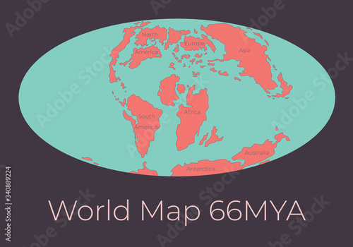 Map of the World 66MYA. Vector illustration of Worldmap with red continents and turquoise oceans isolated on dark grey background. Projection. Prehistoric Earth map. Element for your design.