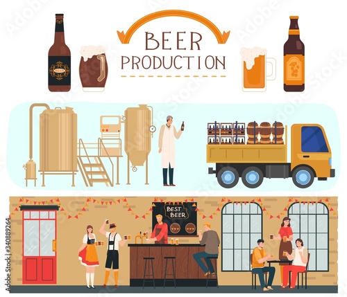 Beer production, brewery and alcohol beverages factory, brewing process, preparation, wort boiling, fermentation, filtration, bottling and beer bar with people cartoon vector illustration infographic.