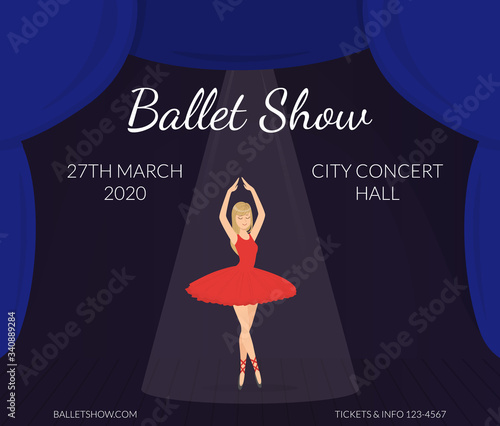 Ballet Show Banner Template, Ballerina Dancer in Red Dress Performing on Stage, Poster, Invitation Card Vector Illustration