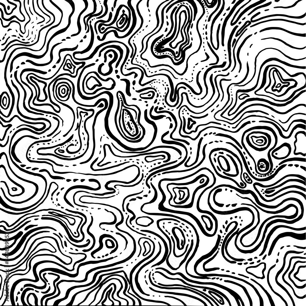 Abstract black and white background. A lot of chaotic curved lines create a pattern on the surface, chaotic and abstract, hand-drawn graphics