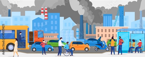 Pollution in city with road traffic and pedestrian in masks, ecology in urban street traffic, people walking and smoked polluted cityscape vector illustration. City sky pollutants from transport.