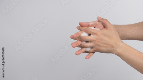 Εκτύπωση καμβά model is interlace fingers and continue rubbing with foam hand soap on white background
