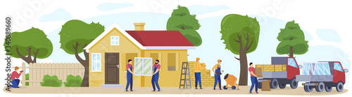 Building country house, countryside with backyard and trees, summer cottage at nature and builders bring bricks and window to facade vector illustration. Build home for family concept.