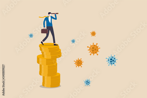 Investment opportunity in stock market, business to survive and win in Coronavirus COVID-19 outbreak economy crisis concept, businessman leader standing on money coins using telescope to vision future