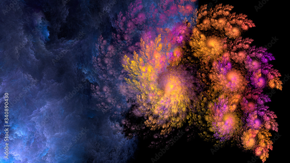 Abstract fantastic space illustration. Blue orange purple colors. Use for design and creativity, for the screensaver of the monitor.