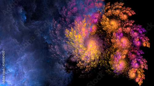 Abstract fantastic space illustration. Blue orange purple colors. Use for design and creativity, for the screensaver of the monitor.