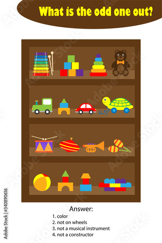 What is the odd one out for children, toys on shelves in cartoon style, fun education game for kids, preschool worksheet activity, task for the development of logical thinking, vector illustration