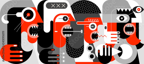 A group of angry people screaming and swearing with someone. A modern art red, black and grey vector illustration.