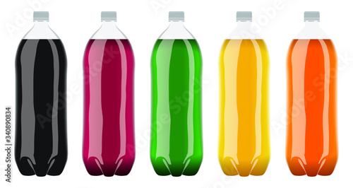 A collection of various flavors of soda in plastic two liter bottles on an isolated white studio background
