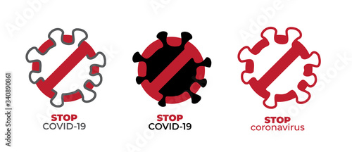 Coronavirus covid-19 stop icon set. Stop sign for a dangerous virus. Infographic element. The concept of virus protection, prevention. Symbol, logo, vector illustration.