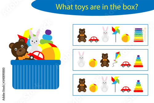 What toys are in the box, game for children, in cartoon style, education game for kids, preschool worksheet activity, task for the development of logical thinking, vector illustration