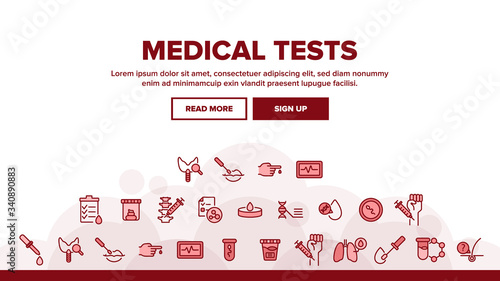 Medical Test Analysis Landing Web Page Header Banner Template Vector. Health Medical Test Blood And Sperm, Feces And Mucous Membrane, Cardiogram And Dna Illustrations