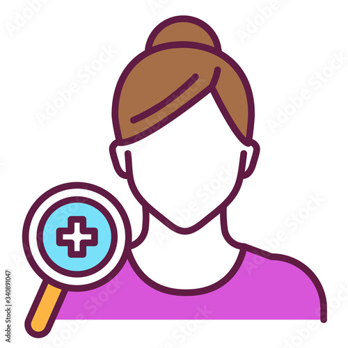 Medical examination dermatologist line color icon. Faceless girl and magnifier. Isolated vector element. Outline pictogram for web page, mobile app, promo.