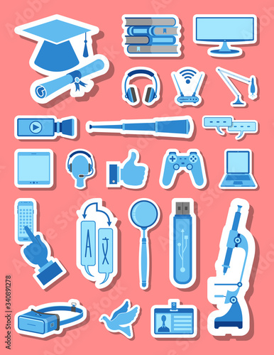 Education and school icons set in blue tones