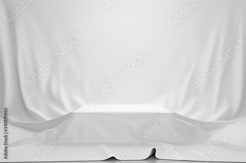 White luxurious fabric or cloth placed on top pedestal or blank podium shelf on vintage background with luxury concept. Museum or gallery backdrops for product. 3D rendering.