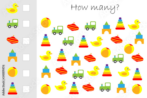 How many counting game with colorful toys for kids, educational maths task for the development of logical thinking, preschool worksheet activity, count and write the result, vector illustration