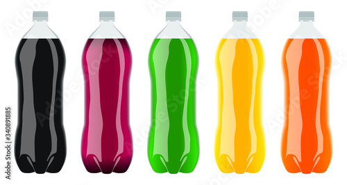 A collection of various flavors of soda in plastic two liter bottles on an isolated white studio background