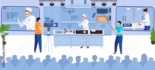 Cook online culinary blog video recording chef cooking on internet flat vector illustration. Cook in hat and apron cartoon character. Chef shooting food vblog on camera. Gastronomy online channel.