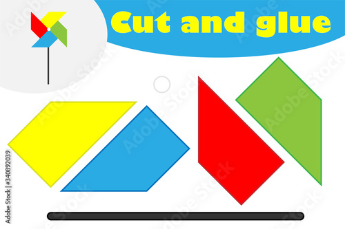 Pinwheel in cartoon style, education game for the development of preschool children, use scissors and glue to create the applique, cut parts of the image and glue on the paper, vector illustration