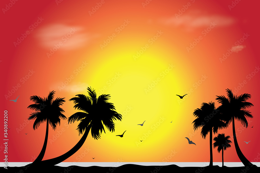 Vector silhouette of beach with palm tree at sunset. Symbol of nature. Vector silhouette of beach with palm tree at sunset. Symbol of nature.