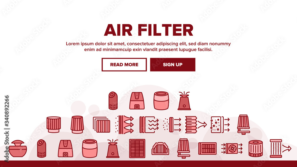 Air Filter And Airflow Landing Web Page Header Banner Template Vector. Car And Conditioner Air Filter Equipment, Domestic Device For Filtration Illustrations